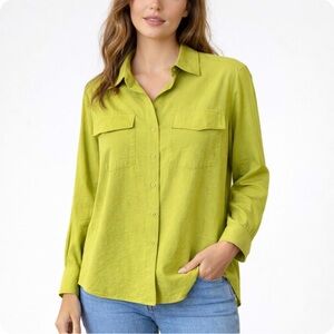 H & M OVERSIZED ASYMMETRICAL HEM GREEN CHARTREUSE BUTTON DOWN BLOUSE NWT